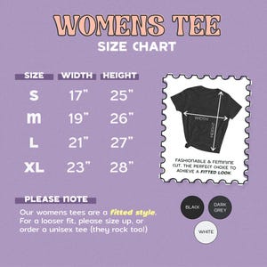 The image is a size chart for women's tees, providing measurements for different sizes such as S, M, L, and XL.