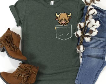 Pocket Highland Cow Shirt / Highland Cow Gift / Farm Animal Shirt / Gift For Cow Lover / Ranch Cowgirl Shirt / Highland Cow Lover