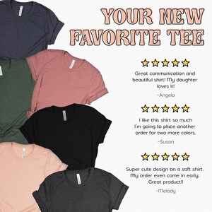 The image is a collage of five different t-shirt designs, each with a rating from five stars. The t-shirts are displayed in various colors and styles, and the ratings indicate that they are considered "favorites". The text in the image includes positive feedback about the t-shirts, such as their design, quality, and the satisfaction of the customers.