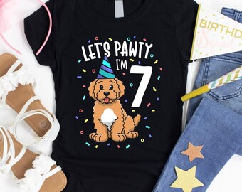 Camiseta Let's Pawty I'm 7 / Cumpleaños de Goldendoodle / Regalos de séptimo cumpleaños / Fiesta de séptimo cumpleaños / Camiseta de séptimo cumpleaños / Amante de Goldendoodle