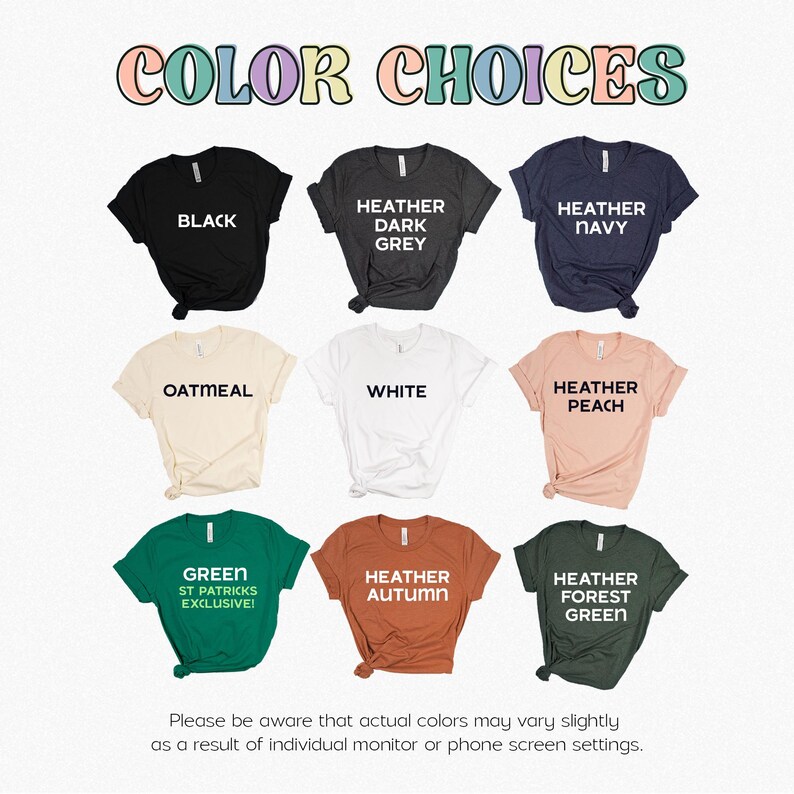 a collection of t-shirts in various colors, including black, navy, grey, oatmeal, white, peach, green, and autumn.