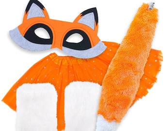 May include: Orange and white fox costume for kids, featuring a felt mask, a tulle skirt, and a fluffy tail.