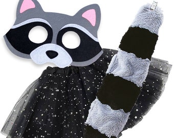 Kids Raccoon Costume Girls Woodland Critter Raccoon Mask Tail Tutu Skirt Set