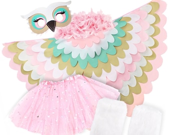 Pink Owl Costume Set for Kids | Bird Wings Cape, Tutu, Boa & Furry Leg Warmers | Halloween Dress Up