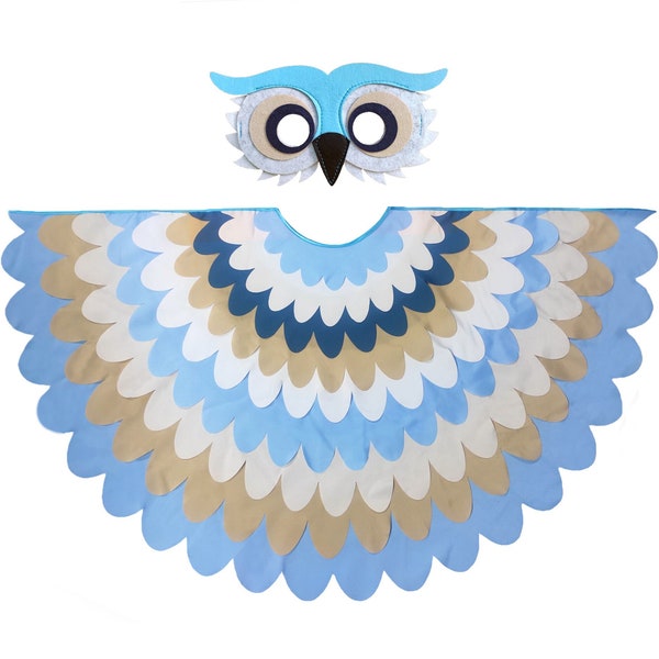 Disfraz de búho con capa de pájaro azul para niño con máscara y alas de pájaro