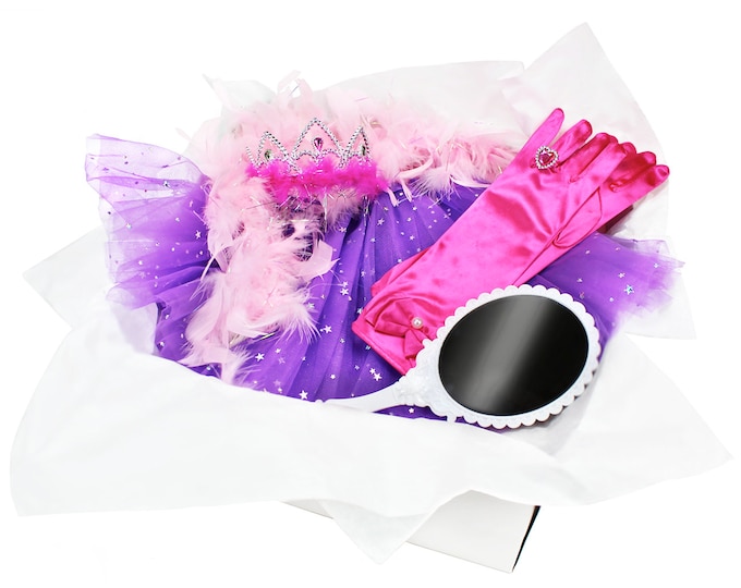 Childrens Fairy Princess Box with Dress Up Feather Boa, Gloves, Tiara, Tutu, Ring, and Magic Mirror in Adorable Suitcase Gift Box