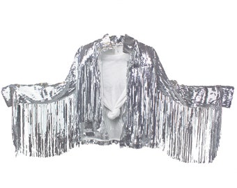 Silver Sequined Fringe Bolero Jacket Dolly Cowboy Western Statement Piece