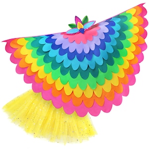 Bird Costume Girls Rainbow Cape for Kids with Fabric Feathers Wings and Headband