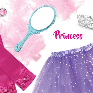 Kinderfeeprinsesdoos met verkleedveerenboa, handschoenen, tiara, tutu, ring en magische spiegel in schattige koffer geschenkdoos