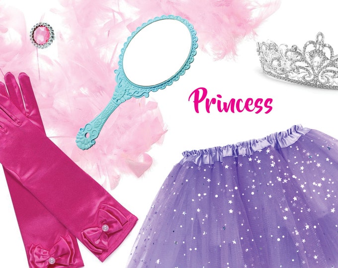 Childrens Fairy Princess Box with Dress Up Feather Boa, Gloves, Tiara, Tutu, Ring, and Magic Mirror in Adorable Suitcase Gift Box