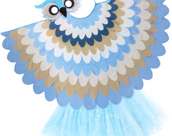 Bird Costume Girls Blue Owl Cape for Kids with Wings Mask Tutu Skirt Furry Boots Leg Warmers and Boa