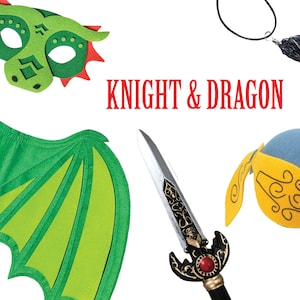 Childrens Medieval Knight and Dragon Costume Box with Dress Up Helmet, Wing, Mask, Sword, and Dragon Necklace in Adorable Suitcase Gift Box