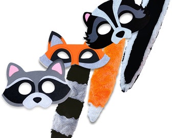 Woodland Critter Costume Fox Skunk Raccoon Animal Creatures Mask and Tail Set