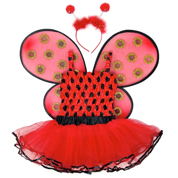 5-Piece Sparkle Wire Wing Girls Ladybug Costume Kids Lady Bug Outfit with Wings Tutu Top & Headband