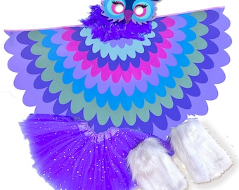 Bird Costume Girls Purple Owl Cape for Kids with Bird Wings Mask Tutu Skirt Furry Boots Leg Warmers and Boa