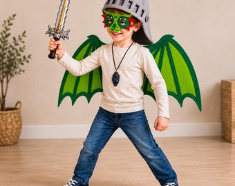 Childrens Medieval Knight and Dragon Costume Box with Dress Up Helmet, Wing, Mask, Sword, and Dragon Necklace in Adorable Suitcase Gift Box