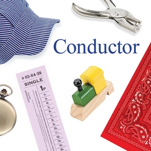 Kinder Zug Dirigent Kostüm Box mit Dress Up Hut, Bandana, Pfeife, Taschenuhr, Tickets und Puncher in entzückende Koffer Geschenkbox