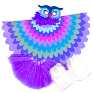 Bird Costume Girls Purple Owl Cape for Kids with Bird Wings Mask Tutu Skirt Furry Boots Leg Warmers and Boa
