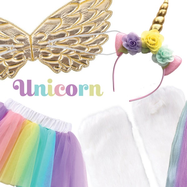 Childrens Unicorn Costume Box with Dress Up Unicorn Tail, Headband, Wings, Furry Leg Warmers, and Tutu in Adorable Suitcase Gift Box