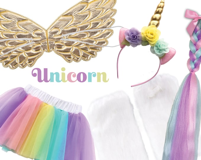 Childrens Unicorn Costume Box with Dress Up Unicorn Tail, Headband, Wings, Furry Leg Warmers, and Tutu in Adorable Suitcase Gift Box