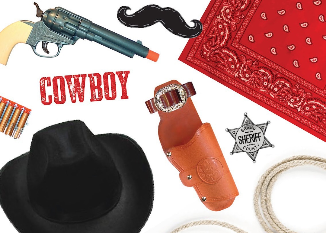 Lot 9 Accessoires Costume Cowboy Homme - Chapeau Gilet Bandana Holster - Déguisement Western