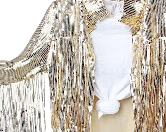 Gold Sequined Fringe Bolero Jacket Dolly Cowboy Western Statement Piece