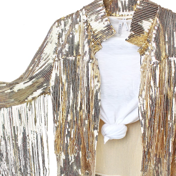 Gold Sequined Fringe Bolero Jacket Dolly Cowboy Western Statement Piece