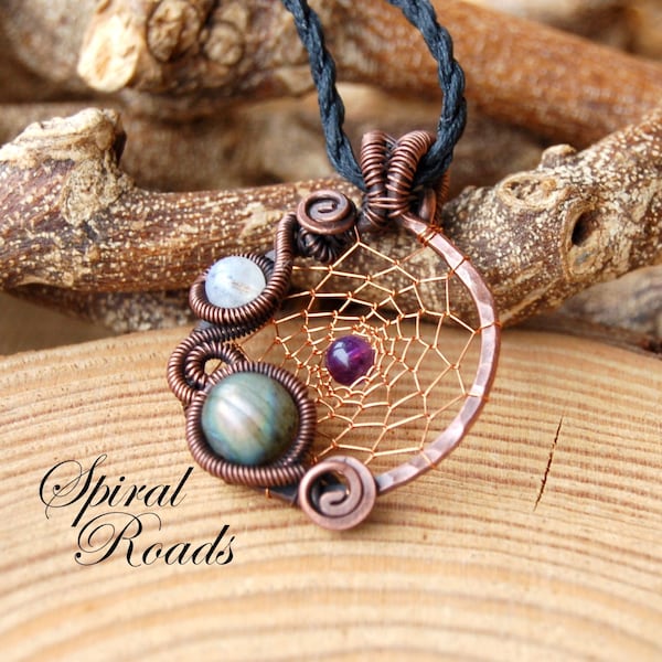 Dream Catcher Necklace/ Wire Wrapped Gemstone Pendant / Elven Boho Jewelry/ Moonstone Labradorite Amethyst Crystal Choker