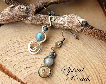 Labradorite Earrings/ Long Gemstone Earrings for Women/ Brass Dangle Earrings/ Crystal Jewelry/ Wire Wrapped Dangle Earrings/ Boho Jewellery