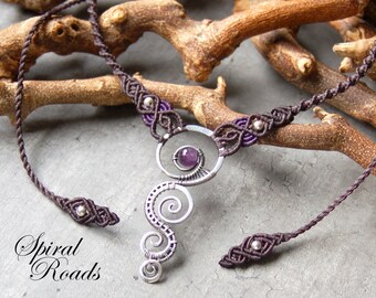 Sterling Silver Amethyst Necklace/ Boho Macrame Necklaces for Women/ Wire Wrapped Jewelry/ Gemstone Choker/ Crystal Necklace