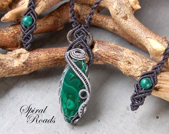 Malachite Necklace/ Macrame Gemstone Pendant/ Wire Wrapped Crystal Jewelry/ Silver Necklaces for Women/ Sterling Silver Boho Pendant