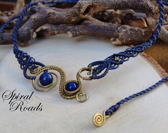 Lapis Lazuli wire wrap and macrame necklace / blue choker bib necklace for women /