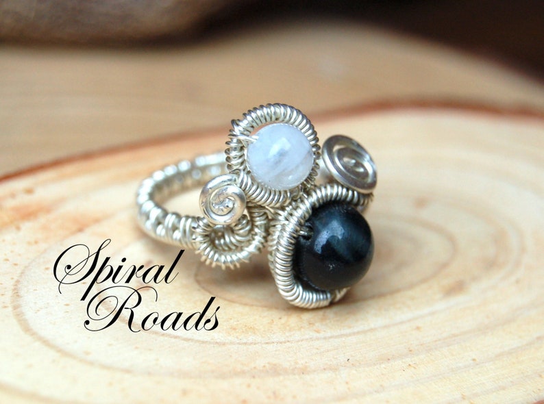 Silver Moonstone Ring Statement Rings For Women Wire Wrapped Gemstone Jewelry Blue Tiger Eye crrystal Ring Hand Made Boho Jewellery