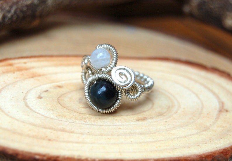 Silver Moonstone Ring Statement Rings For Women Wire Wrapped Gemstone Jewelry Blue Tiger Eye crrystal Ring Hand Made Boho Jewellery