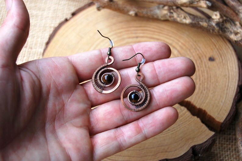 Boho Statement Earrings Crystal Dangle Earrings Wire Wrapped Tiger Eye Jewelry For Women Copper Gemstone Earrings Ammonite Earrings