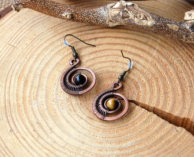 Boho Statement Earrings Crystal Dangle Earrings Wire Wrapped Tiger Eye Jewelry For Women Copper Gemstone Earrings Ammonite Earrings