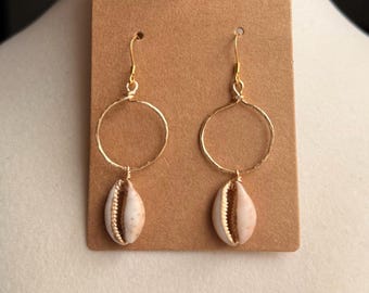 Handmade Cowrie Hoop Earrings: 18k Gold Plated Seashell Jewelry