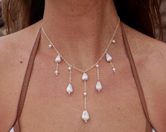 Handmade Hawaiian Cone Shell Necklace: Gold-Tone Chain, Pearl Accents