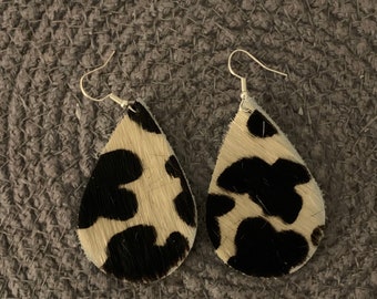 Leather teardrop earrings. Leopard. Cowhide. Handmade. Unique. One of a kind. Lightweight. Present . Valentines. Mom. Girlfriend. Decade