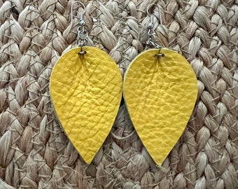 Leather earrings. Gifts. Moms . Mother’s Day. Christmas. Birthday. Yellow. Leaf