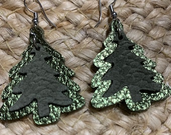 Leaf , leather , leather earrings Leather teardrop earrings, Christmas , Christmas tree , gift  , winter