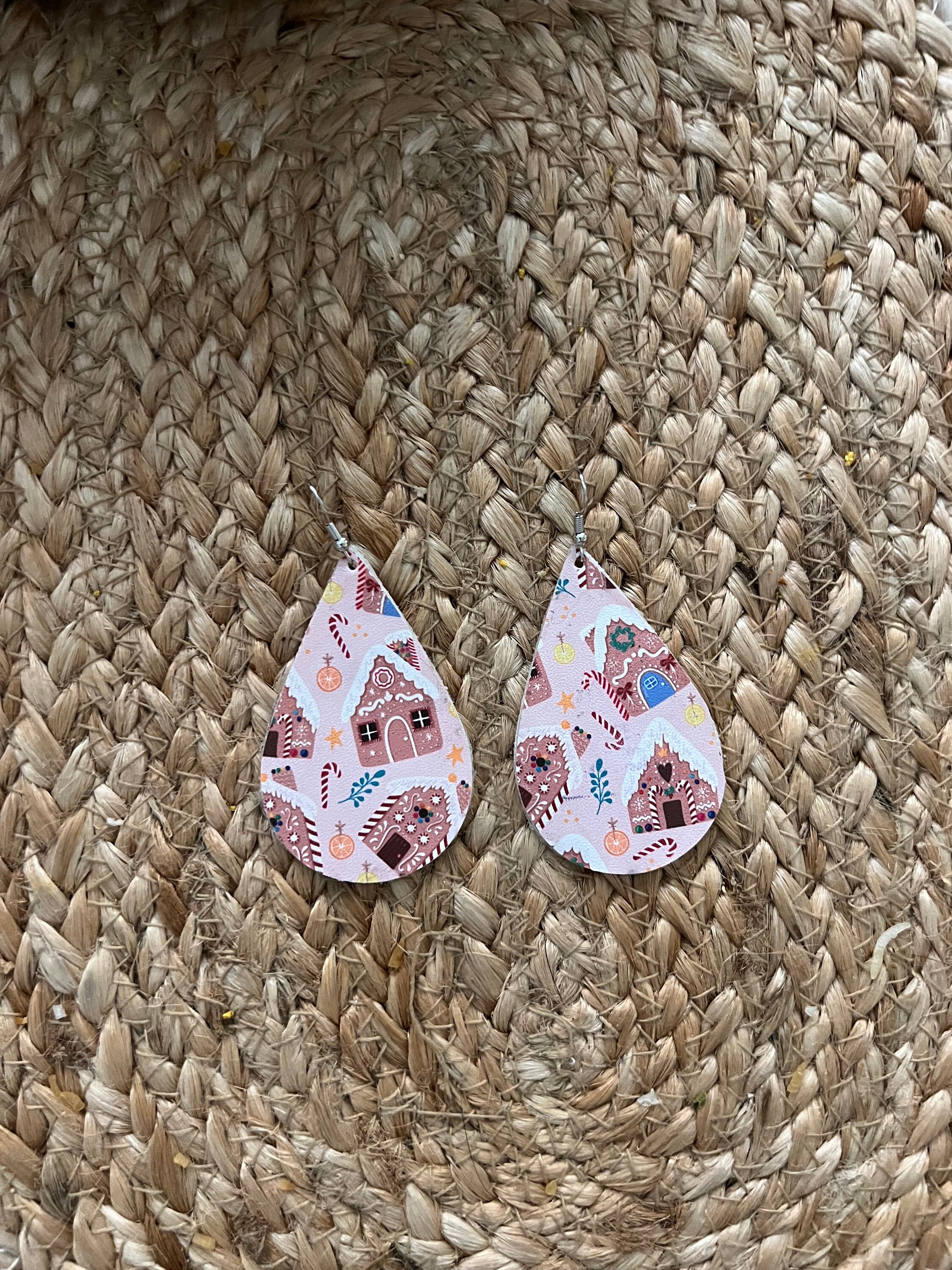 Gingerbread house . leather earrings. Gift. Gingerbread house . Christmas . Gingerbread earrings . classic,  handmade . Teardrop