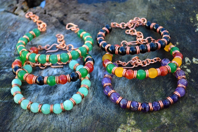 Yellow Jade Green Agate Copper Wire Wrapped Bracelet Set Handmade Crystal Healing Red Agate