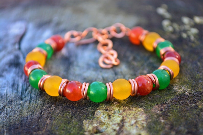 Yellow Jade Green Agate Copper Wire Wrapped Bracelet Set Handmade Crystal Healing Red Agate