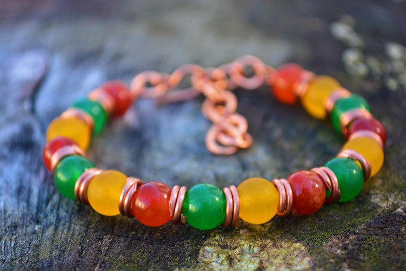 Yellow Jade Green Agate Copper Wire Wrapped Bracelet Set Handmade Crystal Healing Red Agate