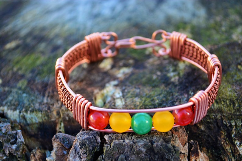 Yellow Jade Green Agate Copper Wire Wrapped Bracelet Set Handmade Crystal Healing Red Agate