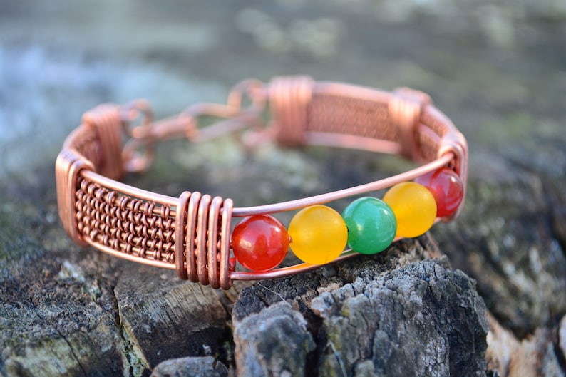 Yellow Jade Green Agate Copper Wire Wrapped Bracelet Set Handmade Crystal Healing Red Agate