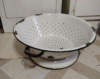 Enamelware Granite Ware Colander 20" Dura-Ware Vintage Farm-house Kitchen Metal Handles MCM Antique Porcelain