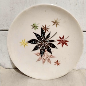 May include: A round, off-white ceramic plate featuring a central dark brown leaf motif with light blue speckles, surrounded by smaller, scattered leaf illustrations in yellow, green, brown, red, and tan colors across the surface.