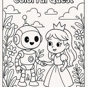 May include: Black and white line art illustration of a robot and a princess holding hands, surrounded by flowers and foliage. The text at the top reads "Dato and Princess Lila's Colorful Quest."